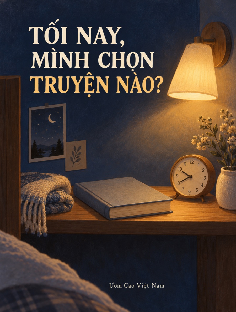 Minh họa một cuốn sách bên ngọn đèn ấm áp, chủ đề cùng con chọn truyện buổi tối